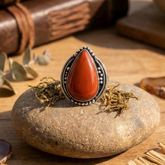 Sterling Silver Red Moss Agate Artisan Statement Ring Boho Teardrop Size 7.75 - Picture 12 of 12